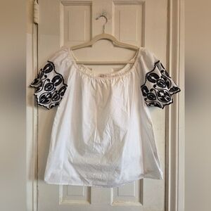 Elegant White Blouse with Black Embroidery